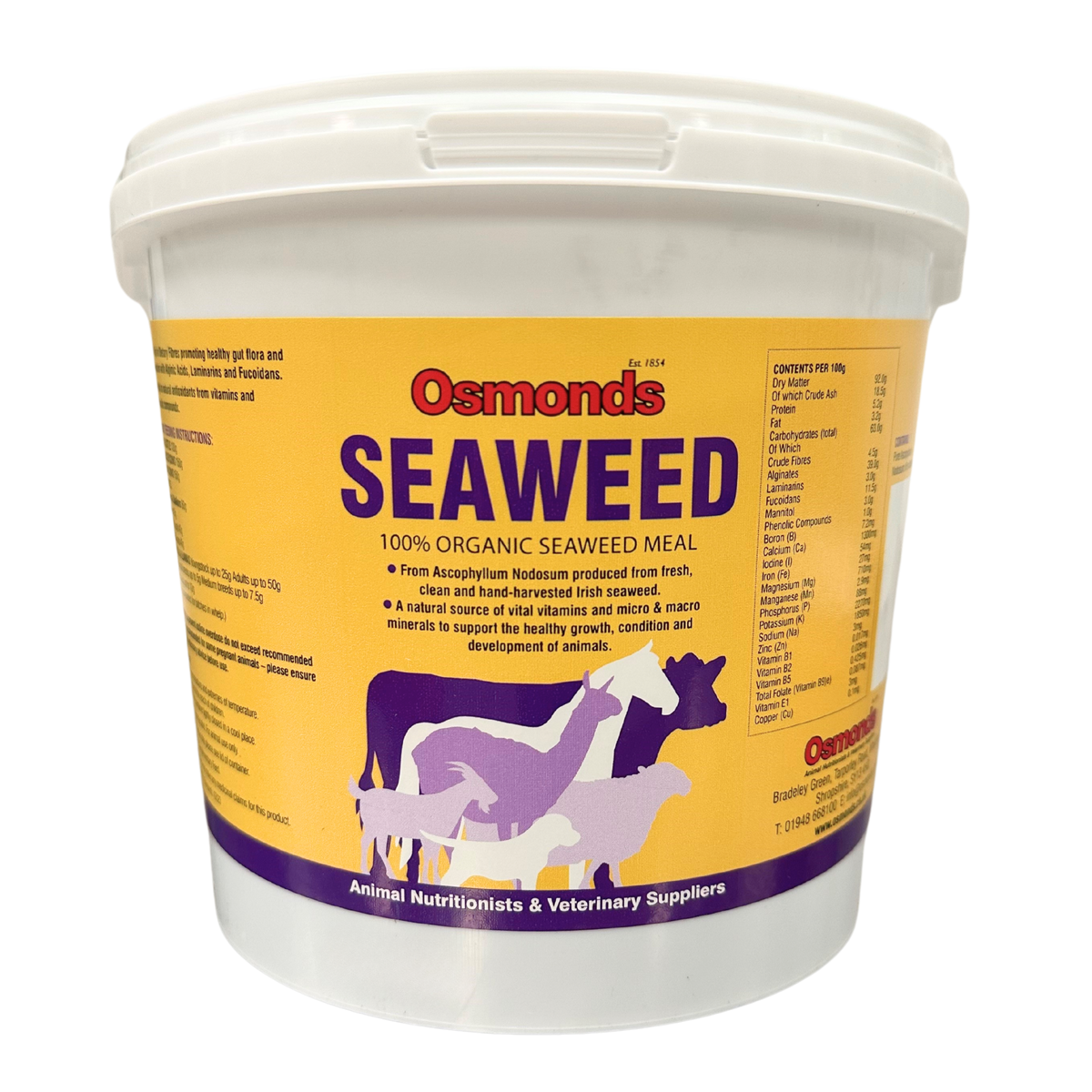Container of Osmonds Seaweed, a 100% organic seaweed meal with a yellow and purple label, featuring illustrations of livestock and details about its nutritional benefits.