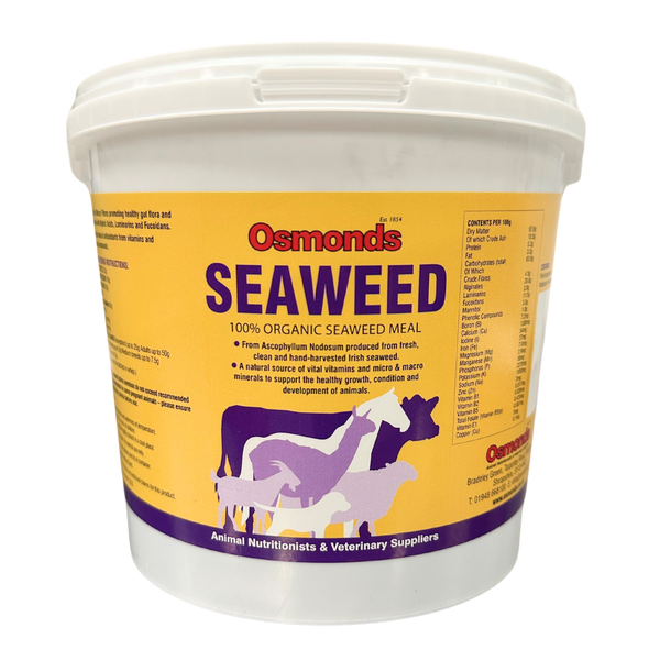 Container of Osmonds Seaweed, a 100% organic seaweed meal with a yellow and purple label, featuring illustrations of livestock and details about its nutritional benefits.